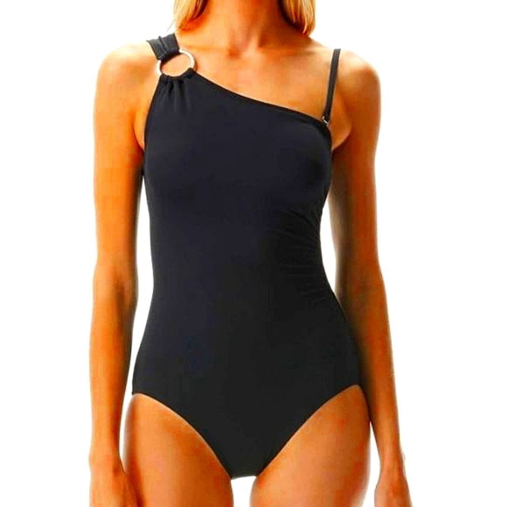 Michael Kors Asymmetrical One Shoulder Black Gold Ring Logo Women Swimsuit sz 6